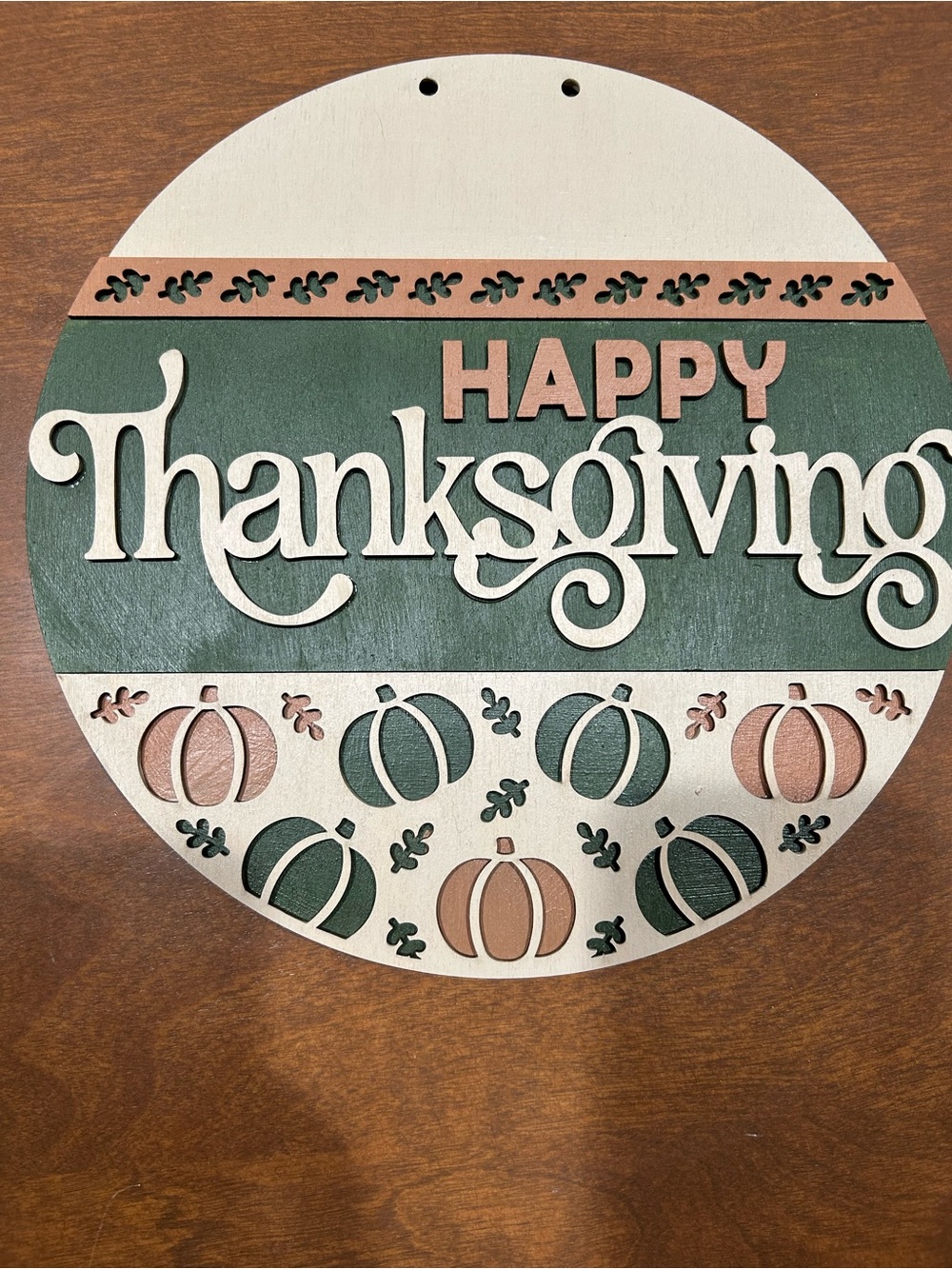 Layered Wooden "Happy Thanksgiving" Round Sign in Green, Cream & Copper